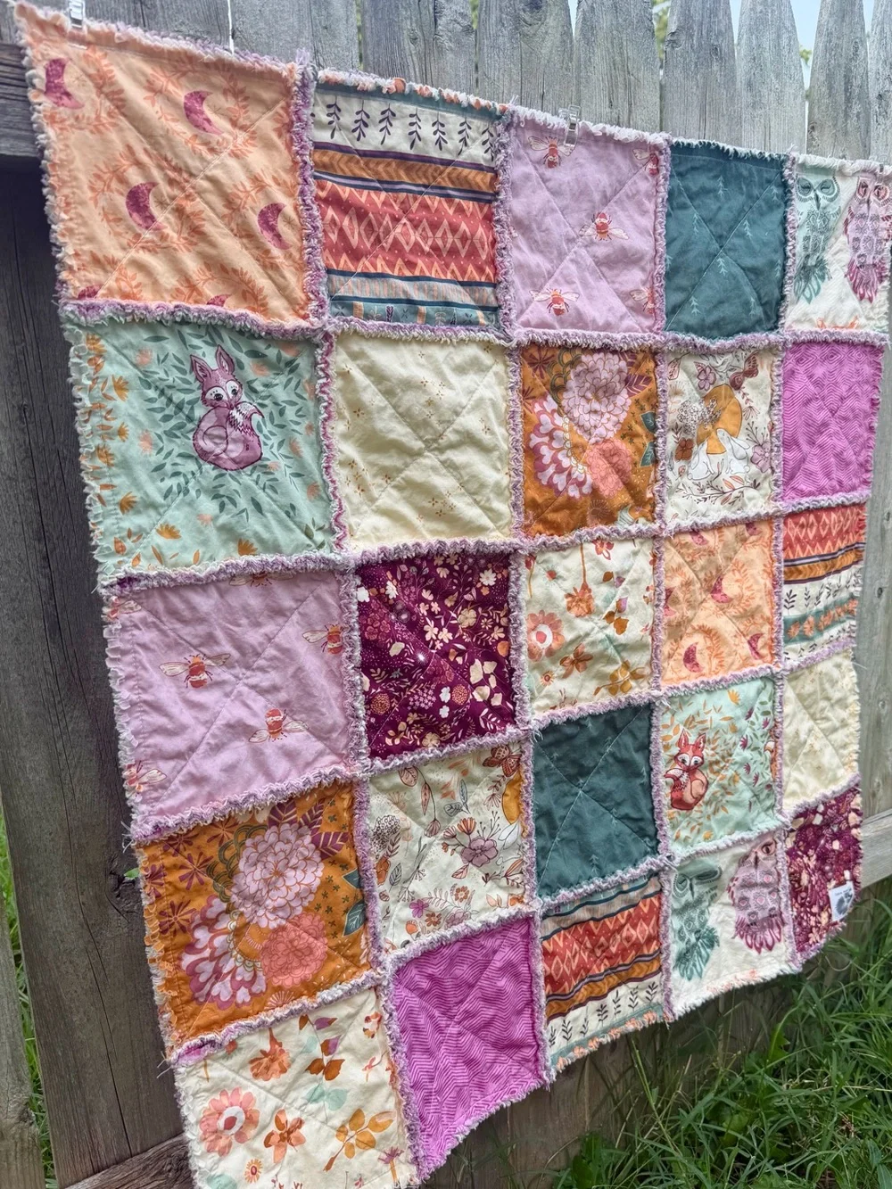 Handmade Woodland Baby Quilt: Patchwork Quilt, Cotton Rag Quilt, Moonlight Bunni
